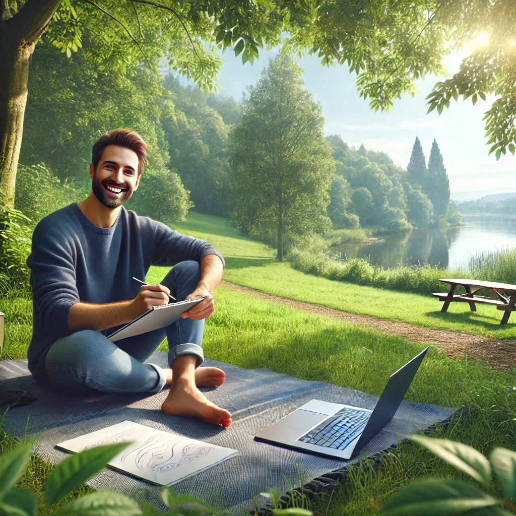 DALL·E 2024-09-24 06.55.43 – A photorealistic image of a happy instructional designer sitting on a picnic mat in a beautiful natural environment, surrounded by lush greenery, tree