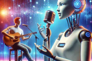 DALL·E 2024-09-08 15.49.59 – An image depicting the fusion of AI and the creative arts, showing Sophia the Robot singing on a stage with a human musician. Sophia, a humanoid robot