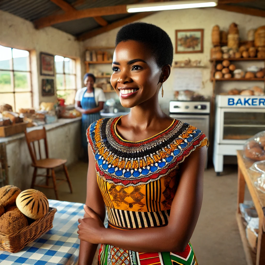 DALL·E 2024-09-19 12.38.01 – A happy, well-dressed Zulu woman in her early thirties standing proudly in her bakery in a small rural town in KwaZulu Natal, South Africa. She is wea