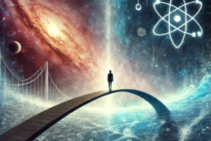 DALL·E 2024-10-29 11.12.59 – An artistic representation of the concept of human consciousness as the center of the universe in terms of scale. Depict a person standing on a bridge