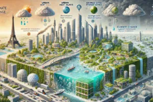 DALL·E 2024-11-04 06.57.54 – An illustration depicting contrasting views on climate change, divided into two sections. On the left, an urban landscape with visible urban heat isla