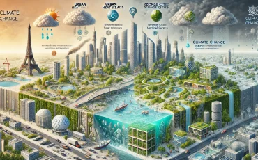 DALL·E 2024-11-04 06.57.54 - An illustration depicting contrasting views on climate change, divided into two sections. On the left, an urban landscape with visible urban heat isla