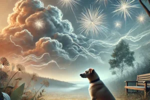 DALL·E 2024-11-04 23.00.46 – A visually striking image depicting a dog calmly sitting amidst faint outlines of celebratory fireworks and thunderclouds in the background, symbolizi