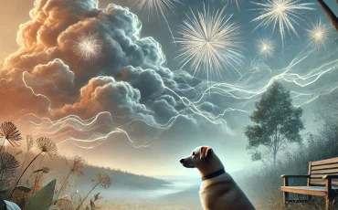 DALL·E 2024-11-04 23.00.46 - A visually striking image depicting a dog calmly sitting amidst faint outlines of celebratory fireworks and thunderclouds in the background, symbolizi